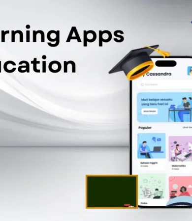 A digital illustration of a smartphone displaying an educational app, accompanied by a graduation cap, chalkboard, and pencil, representing Learning Apps Education by Digital Dividend.