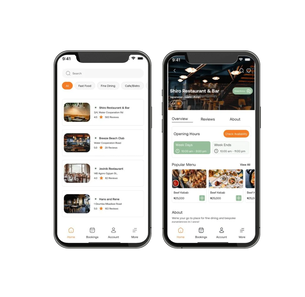 Digital Dividend mockup for a restaurant discovery and booking app. The mobile interface features a clean directory of fine dining and bistro options, alongside a detailed restaurant view with operational hours, integrated maps for directions, and a visual menu with local currency pricing.