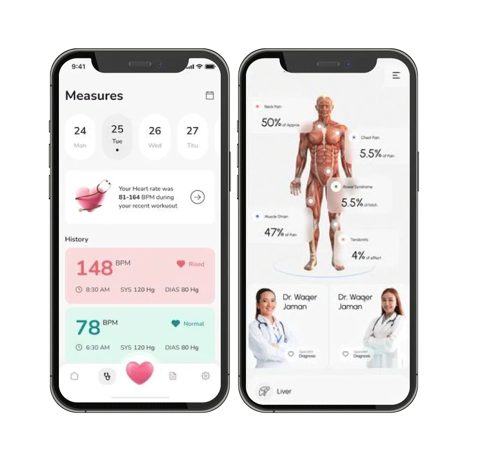 Digital Dividend mockup displaying the PulseNova mobile UI on two smartphone screens, featuring a health history dashboard alongside a detailed 3D anatomical pain mapping interface and doctor profile listings.