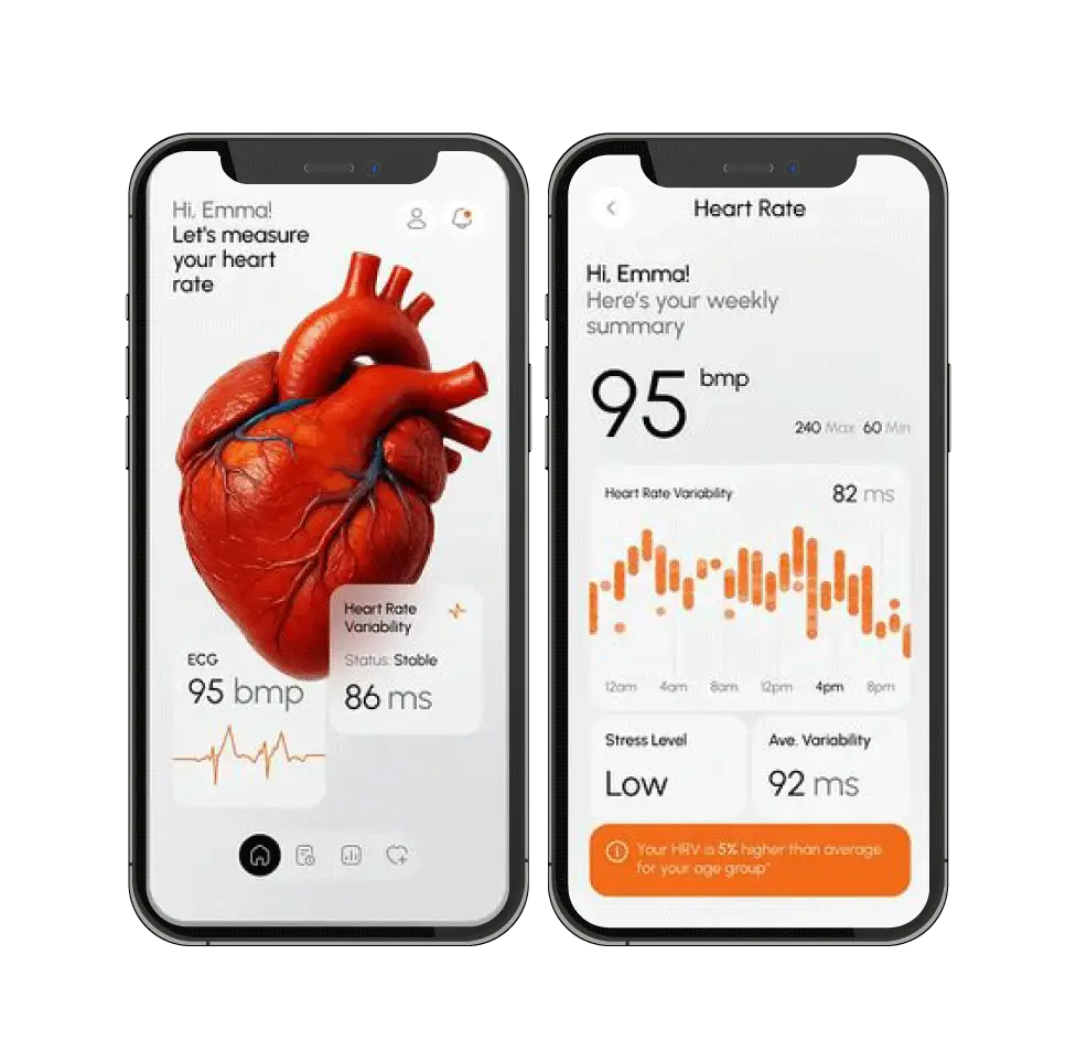 Digital Dividend mockup showing two smartphone screens for the HealthAxis medical platform, featuring a realistic human heart graphic with active ECG readings and a data-driven weekly heart rate variability dashboard.