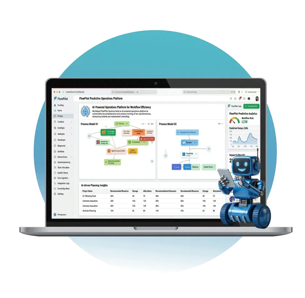 A laptop showing a Predictive Operations Platform for FlowPilot Systems dashboard with process models and efficiency charts, accompanied by a small blue robot assistant, built by Digital Dividend.