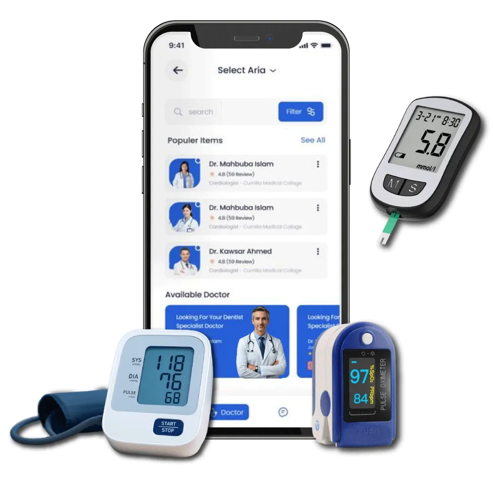 Digital Dividend's VitalBridge UI/UX case study display, featuring a smartphone showing the remote patient monitoring app interface alongside connected medical hardware including a blood pressure monitor, pulse oximeter, and glucometer.