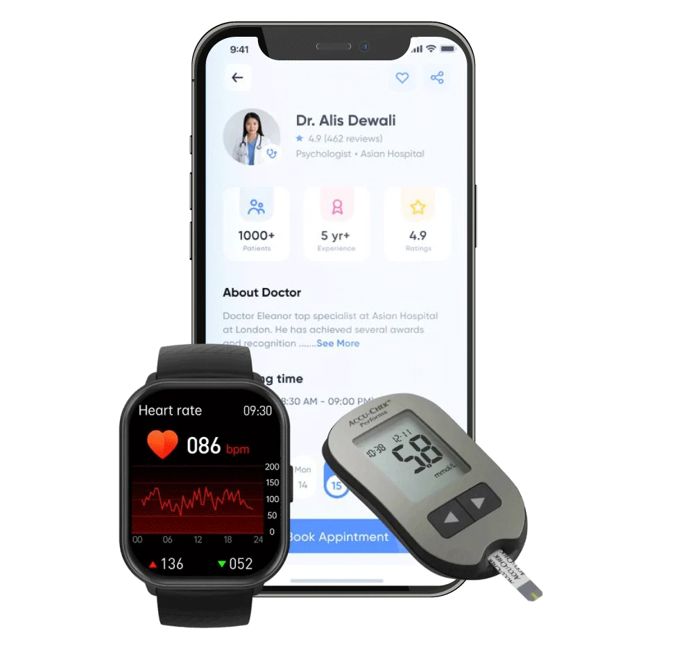 CareTrack mobile app interface shown on a smartphone with a medical smartwatch and a blood glucose monitor.
