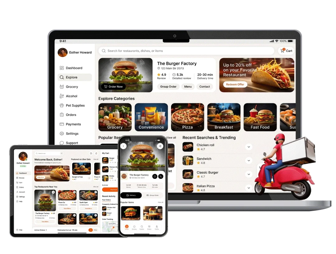 Digital graphic showing a restaurant app on a laptop, tablet, and phone. The screens show food menus and a user profile for Esther Howard. A 3D delivery person on a red motorcycle is positioned in the foreground on the right.