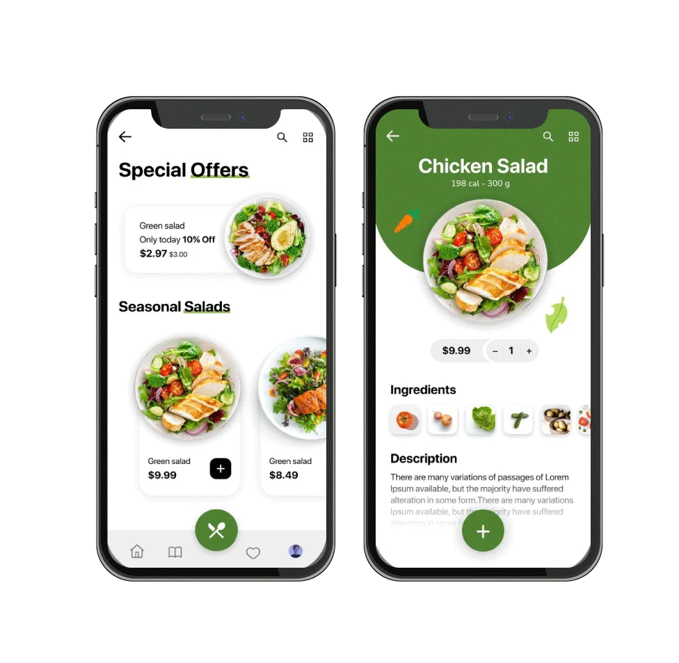 Digital graphic showing two smartphones with a salad ordering app interface. The first screen lists special offers and seasonal salads like a $9.99 green salad. The second screen shows a 198-calorie chicken salad with ingredient icons and a plus button to add to the cart.