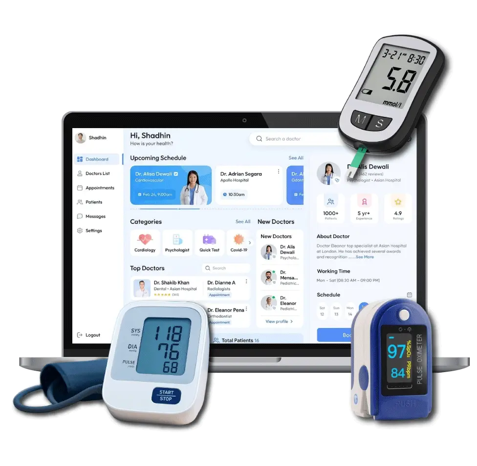 A professional technical showcase for Digital Dividend titled "Results & Impact - VitalBridge Case Study," featuring a remote patient monitoring platform and connected medical hardware.