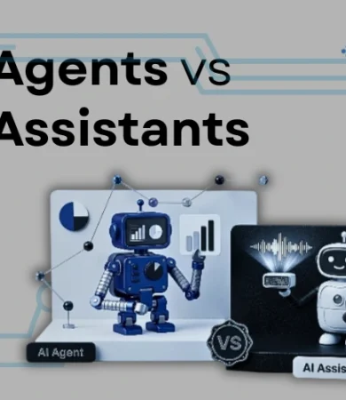 An educational feature graphic by Digital Dividend comparing AI Agents vs. AI Assistants, showcasing a blue 3D robot agent analyzing automated data charts alongside a white robot assistant managing tasks.
