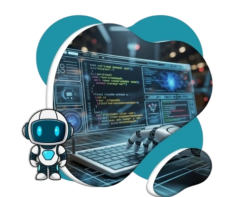 An AI-driven approach to Data Engineering and Preparation by Digital Dividend, featuring a robotic hand typing on a laptop with complex data code and visualizations on the screen.