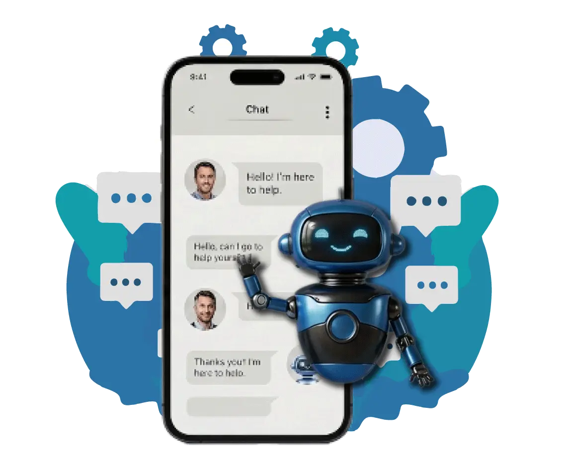 Digital Dividend's specialized AI virtual assistant development services, featuring a smartphone displaying an automated customer service chat interface next to a friendly blue robot assistant graphic.