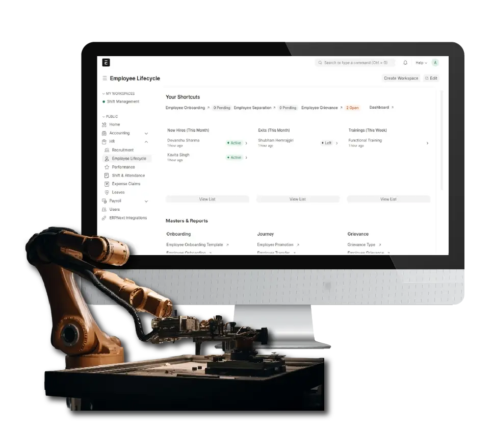 Digital Dividend's platform to Build Core Manufacturing excellence, displaying an ERP dashboard for employee lifecycle management alongside a robotic industrial arm.