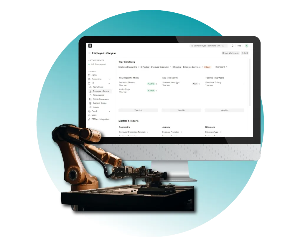 Digital Dividend providing BuildCore Manufacturing, ERPNext for a 200-Employee Production Firm, featuring an employee lifecycle management dashboard and an industrial robotic arm.
