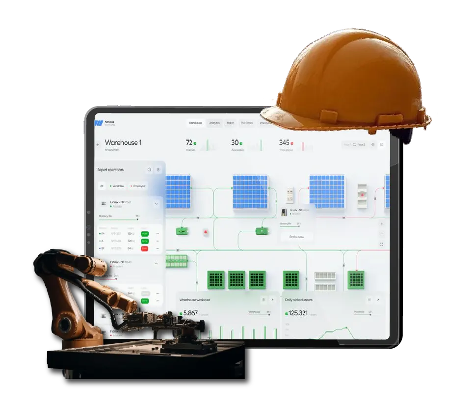 Digital Dividend showcasing BuildCore Manufacturing Results & Business Impact through a data-driven warehouse analytics dashboard, an industrial robotic arm, and a safety hard hat.
