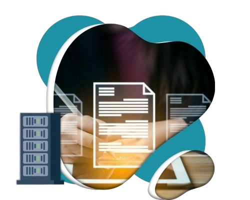 Digital Dividend expert providing Data Engineering and Preparation services, featuring an abstract overlay of digital documents and server hardware icons.