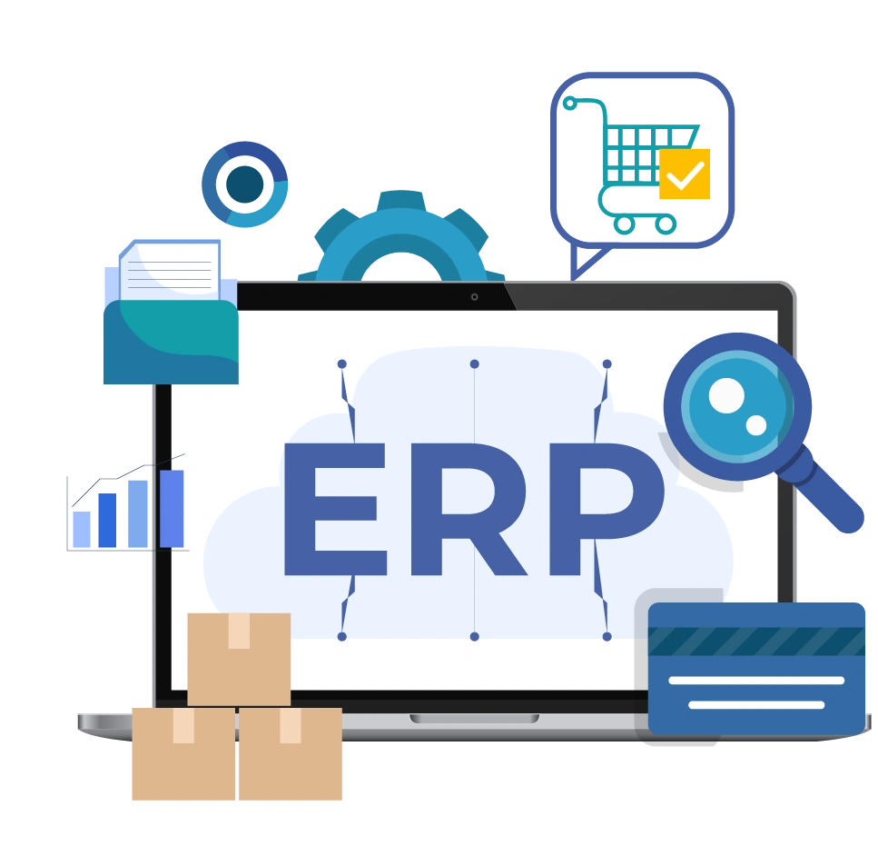 A professional infographic by Digital Dividend showcasing ERPNext Service Providers, featuring a laptop with the "ERP" logo surrounded by business icons for inventory, retail, and financial tracking.