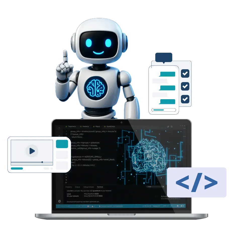 A futuristic 3D robot character representing Generative AI Development Services by Digital Dividend, shown above a laptop displaying code and neural network visualizations.