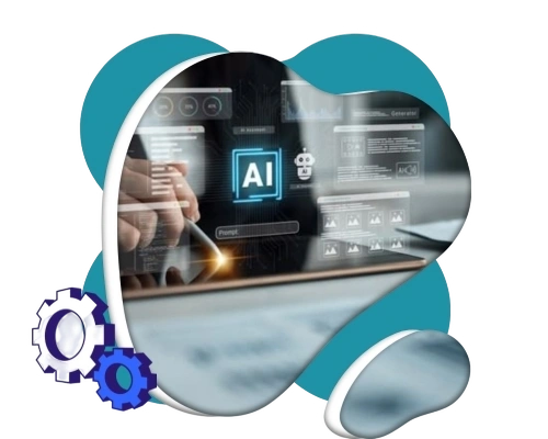A professional digital illustration for Governance, Monitoring, and Continuous Optimization by Digital Dividend, featuring a developer using a stylus on a tablet with glowing AI dashboard overlays and gear icons.