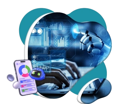 A professional digital illustration for Model Selection and Generative AI Model Training Services by Digital Dividend, featuring a robotic hand interacting with data analytics and neural network visualizations.