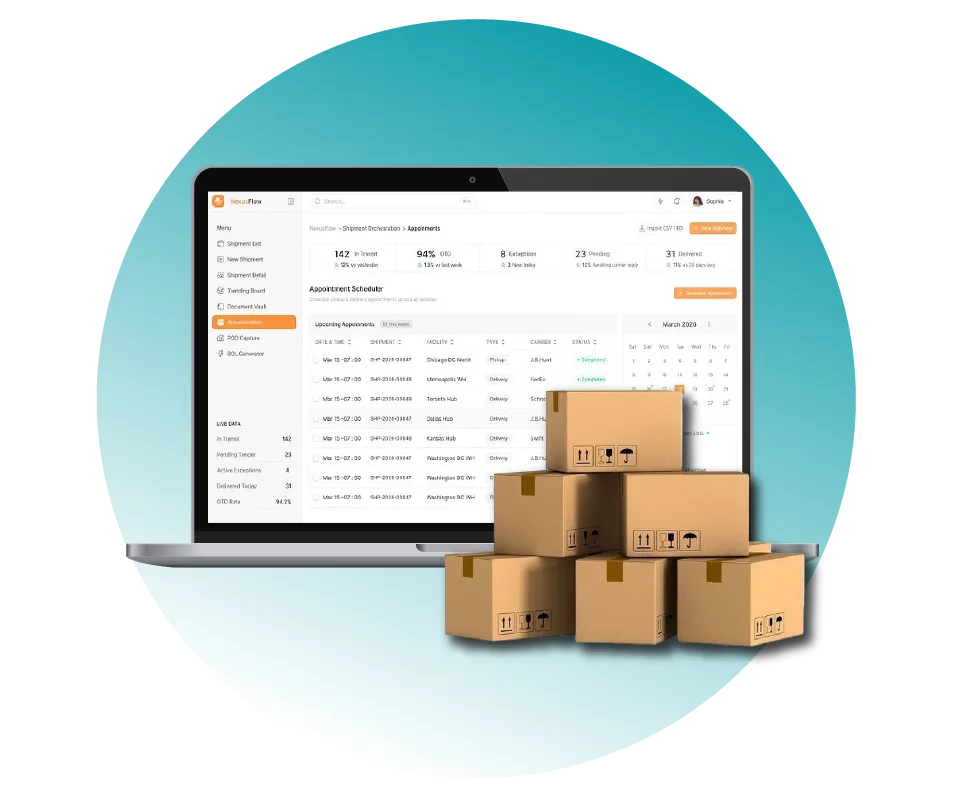 Digital Dividend implementing NexaFlow Distribution, ERPNext for a Multi-Warehouse Distributor, showing a professional appointment scheduling dashboard and shipping boxes on a laptop screen.