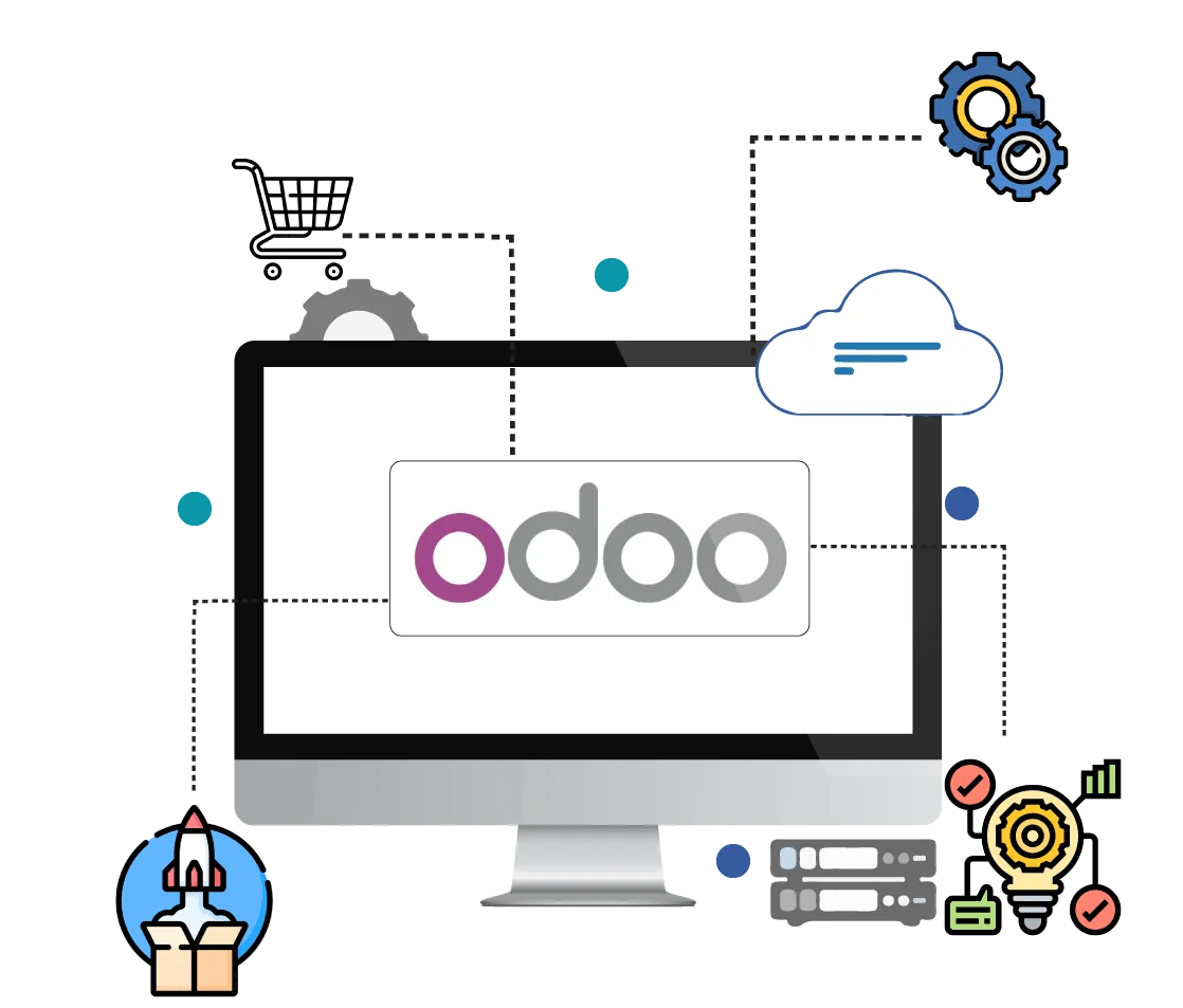 A professional infographic by Digital Dividend showcasing Odoo Development Services, featuring the Odoo logo on a desktop monitor surrounded by icons for e-commerce, cloud computing, and business growth.