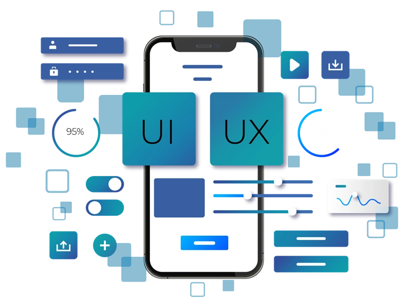 A modern infographic by Digital Dividend showcasing professional UIUX Design Services, featuring a smartphone framework surrounded by interactive web interface elements, user profile icons, toggles, and data widgets.