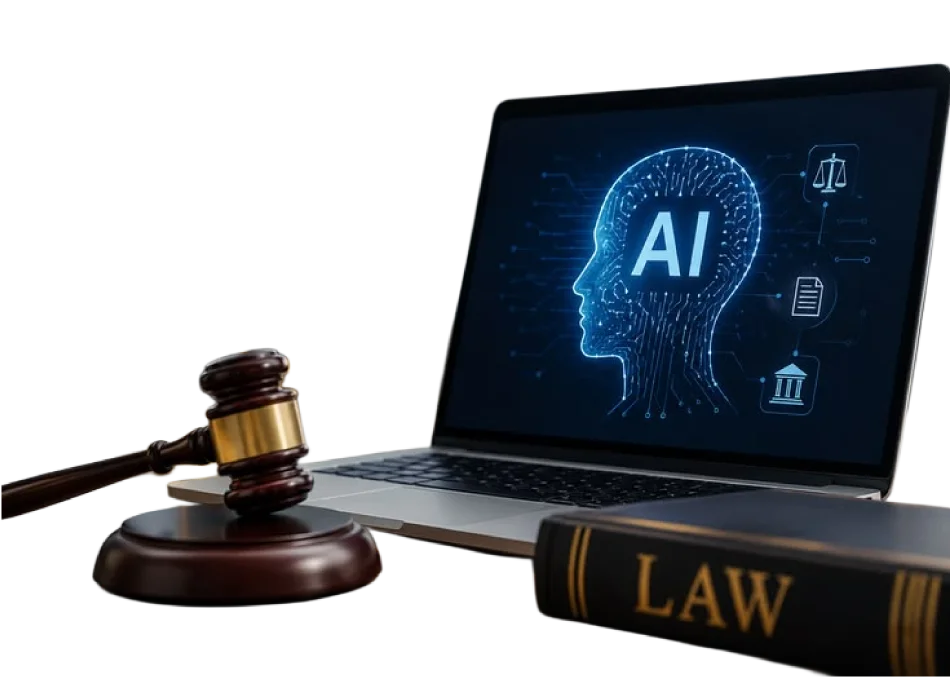 A conceptual presentation of the AI-Powered Legal Intelligence Platform - Measurable Outcomes by Digital Dividend. The image features an open laptop displaying a glowing blue digital circuit human profile silhouette labeled "AI," surrounded by tech icons for scales of justice, legal documents, and a courthouse. In the foreground, a traditional wooden legal gavel and a leather-bound "LAW" volume rest on a clean white background.