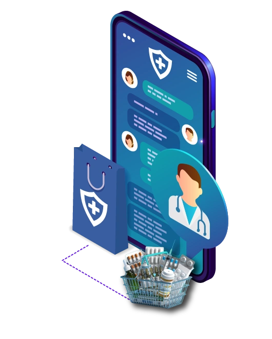 A 3D isometric marketing graphic showcasing the AI-Powered Pharma Distribution CRM CaseStudy Measurable Outcomes by Digital Dividend. The illustration features a large smartphone displaying a teal and blue medical messaging or patient tracking interface topped with a white shield and cross icon. In the foreground stands a blue shopping bag branded with the same medical shield logo, a circular speech bubble containing a doctor avatar wearing a stethoscope, and a shopping basket packed with pharmaceutical supplies, pill blister packs, medicine bottles, and a syringe on a plain white background.