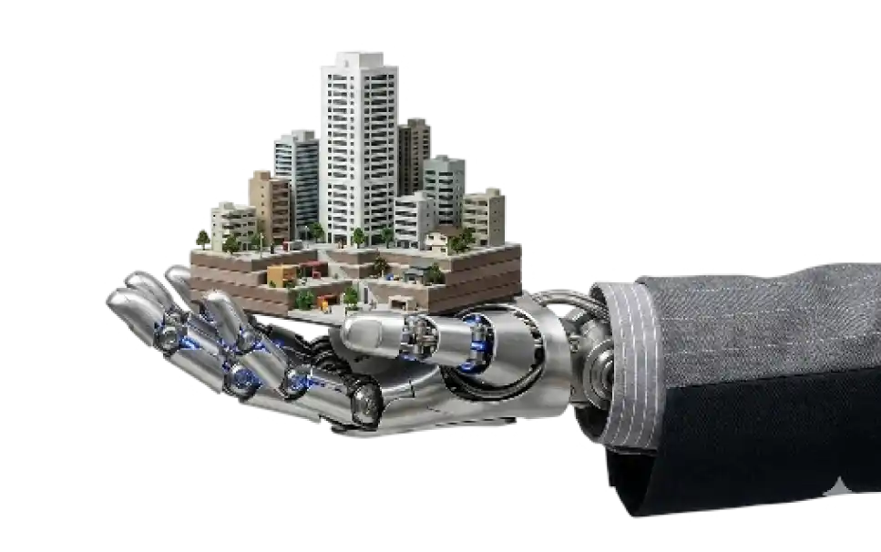 A conceptual presentation of the AI Real Estate Search Agent - Measurable Outcomes platform by Digital Dividend. The image features a highly detailed robotic cyborg hand emerging from a grey suit sleeve, gently cradling a miniature, 3D architectural model of a modern city block complete with high-rise skyscrapers, smaller buildings, streets, and trees against a solid white background.