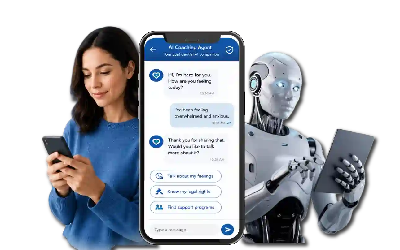 A promotional digital graphic highlighting the AI Therapeutic Coaching Agent for Womens Right Measurable Outcomes platform by Digital Dividend. The image features a large central smartphone displaying a blue and white chat interface titled "AI Coaching Agent - Your confidential AI companion." The chat log shows an empathetic conversation between a user feeling overwhelmed and the automated assistant, complete with clickable resource buttons for "Talk about my feelings," "Know my legal rights," and "Find support programs." Flanking the phone on a white background is a woman on the left in a blue sweater typing on her mobile device and a sleek white humanoid robot on the right interacting with a digital tablet.
