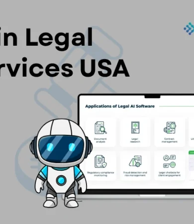 A professional corporate tech graphic highlighting AI in Legal Services USA by Digital Dividend, featuring a cute AI robot mascot next to a laptop displaying the "Applications of Legal AI Software" dashboard against a grey background.