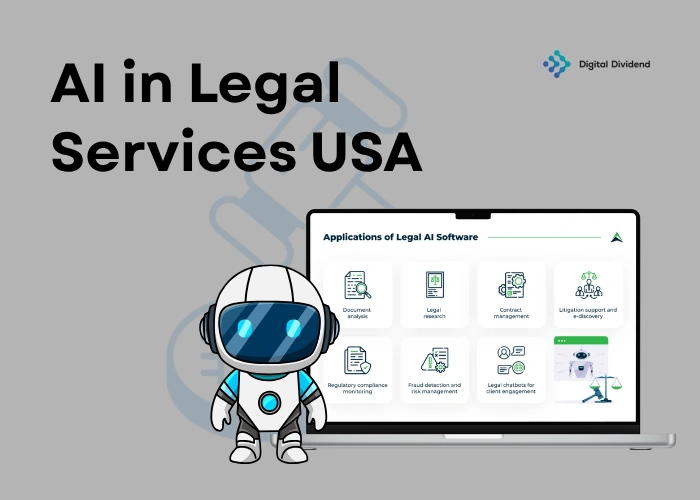 A professional corporate tech graphic highlighting AI in Legal Services USA by Digital Dividend, featuring a cute AI robot mascot next to a laptop displaying the "Applications of Legal AI Software" dashboard against a grey background.
