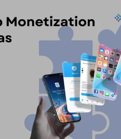 A promotional marketing banner exploring App Monetization Ideas by Digital Dividend. Set against a solid grey background with a large, subtle purple puzzle piece graphic, the left side features bold headline text. On the right, a hand holds a smartphone projecting an overlapping stack of floating mobile user interface screens, including an app presentation mockup, a blue sign-in page, an e-commerce product details screen, an iOS-style app home screen grid, and a minimalist abstract lock screen. The blue corporate "Digital Dividend" logo is visible in the top-right corner.