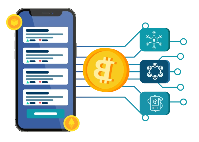 A flat vector illustration representing Blockchain App Development Services by Digital Dividend, featuring a smartphone showing a crypto wallet interface connected via circuit lines to a large Bitcoin token and node network icons for Ethereum, decentralized networks, and NFTs.