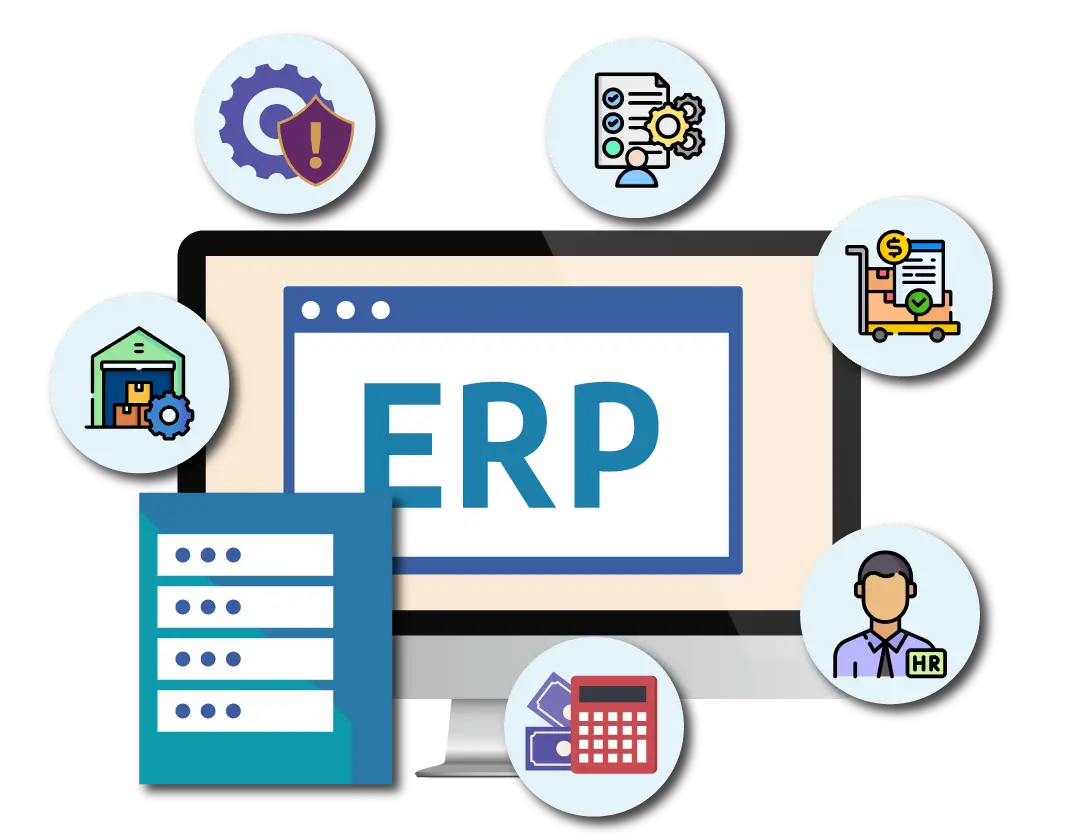 A flat design vector graphic highlighting ERPNext Implementation Services by Digital Dividend. The illustration features a central desktop monitor displaying a blue browser window with the large text "ERP." Surrounding the monitor are circular icons representing core business management modules: warehouse logistics, system security gears, project checklists, shipping distribution, human resources (HR), and accounting finance with a calculator. A teal and blue structured data sheet sits in the lower left corner against a plain light grey background.