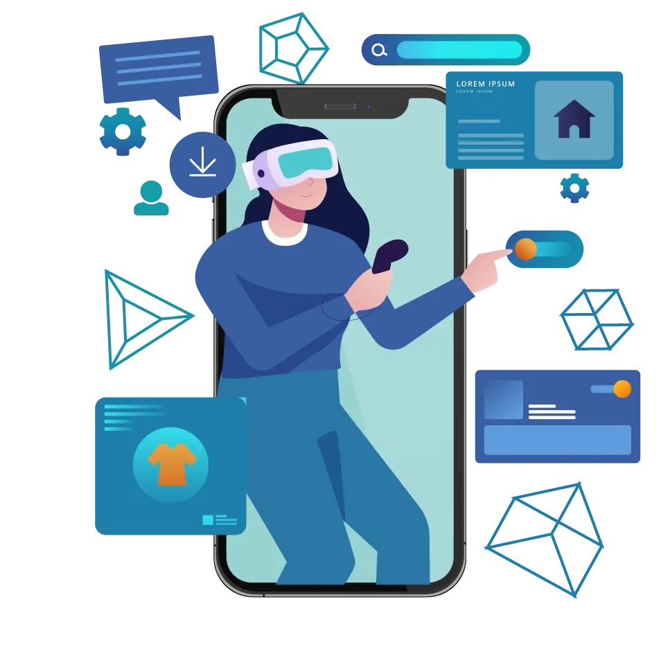 A digital vector illustration highlighting Metaverse App Development Services by Digital Dividend, featuring a woman wearing a virtual reality (VR) headset stepping out from a smartphone screen while interacting with floating user interface (UI) elements, web application modules, 3D wireframe polygons, and e-commerce shopping icons.
