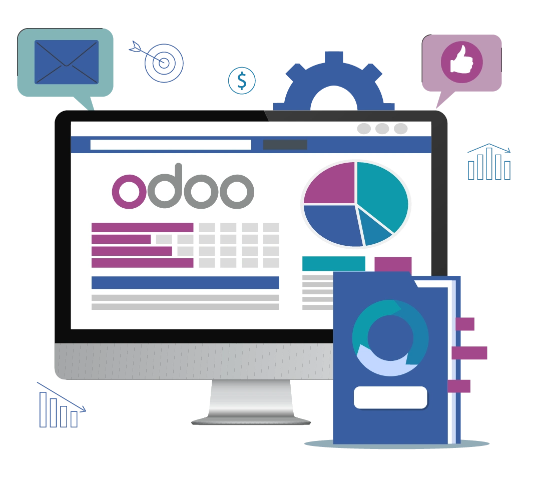 A professional flat vector illustration showcasing Odoo Implementation Services by Digital Dividend, featuring a desktop monitor displaying the Odoo ERP system dashboard with a pie chart, analytics tables, and a business folder surrounded by enterprise cloud icons like email, settings gears, and target metrics.