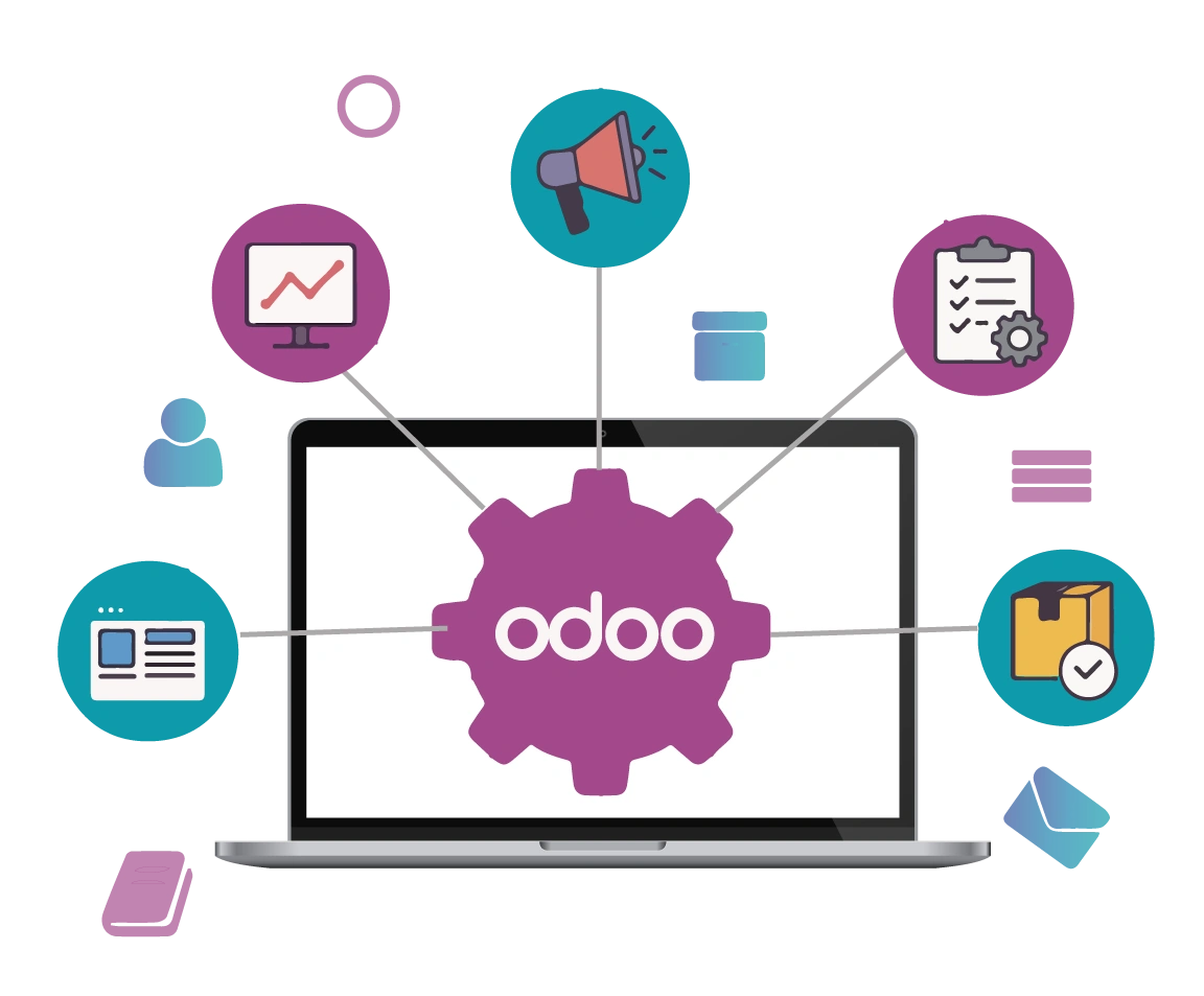 A clean flat design vector illustration highlighting Odoo Support and Maintenance Services by Digital Dividend. The graphic centers around an open silver laptop screen displaying a large purple gear icon with the white "odoo" logo. Connected to the central gear are five circular business module icons branch-lined outwards: a teal marketing megaphone, a purple data analytics line graph, a teal website user interface, a purple project checklist with a small gear, and a teal inventory box with a checkmark, all set against a white background.