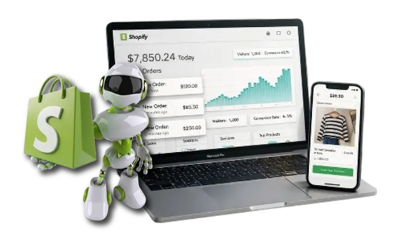 A 3D promotional graphic highlighting the Shopify AI Intelligence Platform - Measurable Outcomes by Digital Dividend. An open laptop displays a detailed Shopify analytics dashboard showing data metrics such as daily earnings of "$7,850.24 Today," visitor counts, recent orders, and a rising green bar graph tracking conversion rates. To the right, a smartphone rests against the laptop showcasing a striped shirt product page, while a small white and green 3D mascot robot stands on the left next to a prominent green Shopify shopping bag logo.