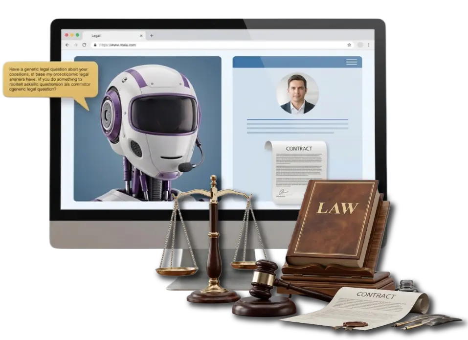 A conceptual graphic representing The Challenge AI-Powered Legal Intelligence Platform by Digital Dividend. The image features a computer monitor displaying a legal AI assistant robot head with a headset alongside a user profile and digital contract. In the foreground, traditional legal symbols are arranged on a desk, including a wooden gavel, a golden scale of justice, a leather-bound "LAW" textbook, and a physical parchment contract with a wax seal.