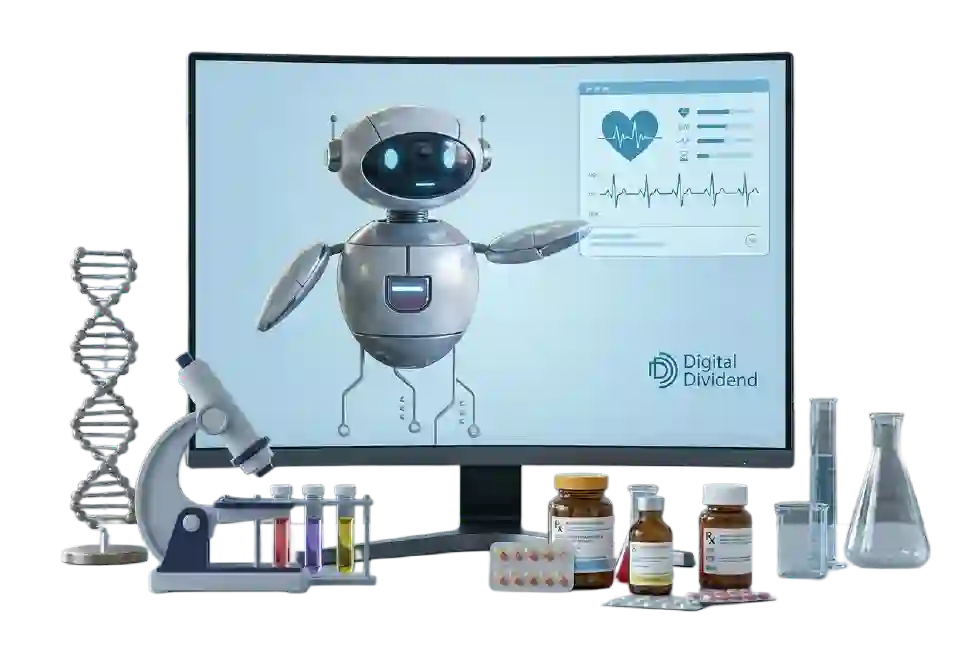A 3D promotional graphic highlighting The Challenge - AI-Powered Pharma Distribution CRM platform by Digital Dividend. A large desktop computer monitor displays a friendly white medical robot mascot pointing toward a patient vital signs panel with a heart rate graph, featuring the "Digital Dividend" company logo in the lower right corner. Arranged neatly on the desk in front of the screen are laboratory and medical equipment, including a DNA double-helix model, a microscope next to test tubes with colorful liquids, prescription medicine bottles, pill blister packs, beakers, and an Erlenmeyer flask on a plain white background.
