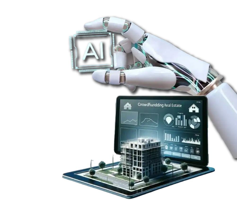 A conceptual presentation illustration for The Challenge - AI Real Estate Search Agent platform by Digital Dividend. The graphic features a large white robotic hand hovering above, holding a glowing blue microchip labeled "AI". Below, a modern tablet computer displays a data-driven "Crowdfunding Real Estate" dashboard complete with financial charts, analytics, and a 3D architectural rendering of a multi-story modern building structure rising from the screen against a solid white background.