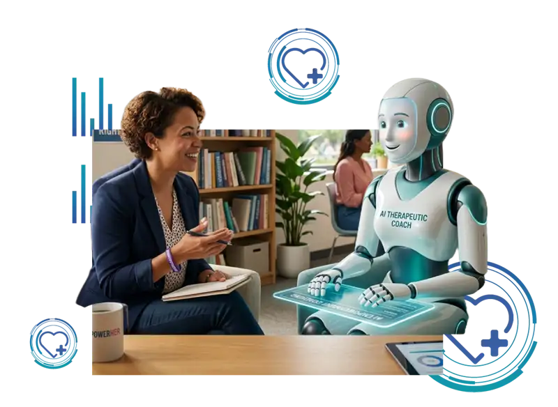 A strategic marketing graphic illustrating The Challenge AI Therapeutic Coaching Agent for Women's Rights initiative by Digital Dividend. The image depicts a woman in a blue professional blazer smiling and taking notes during a face-to-face consultation session with a friendly white and teal humanoid robot labeled "AI THERAPEUTIC COACH." The robot interacts with a holographic interface plate while floating blue heart-and-cross digital health icons and bar charts accent the plain white background.