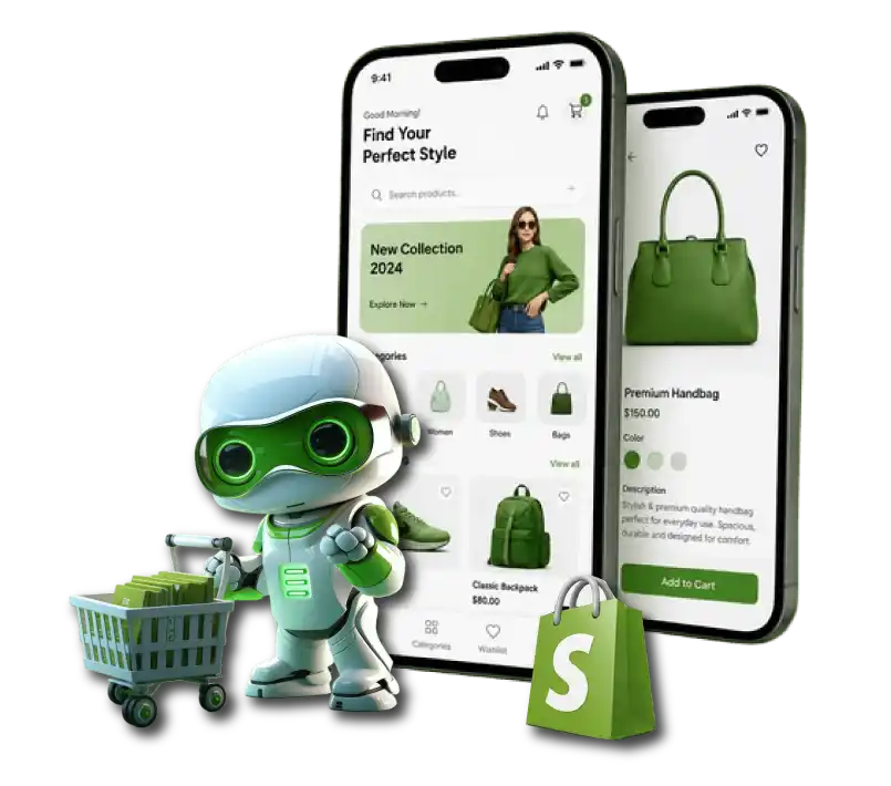 A 3D marketing graphic highlighting The Challenge Shopify AI Intelligence Platform by Digital Dividend. The image features two modern smartphones displaying a green-themed e-commerce clothing and accessory mobile application interface with sections titled "Find Your Perfect Style" and a product page for a premium green handbag. Standing to the left is a small, cute white and green mascot robot pushing a green shopping cart filled with packages, positioned next to a green Shopify shopping bag logo on a plain white background.