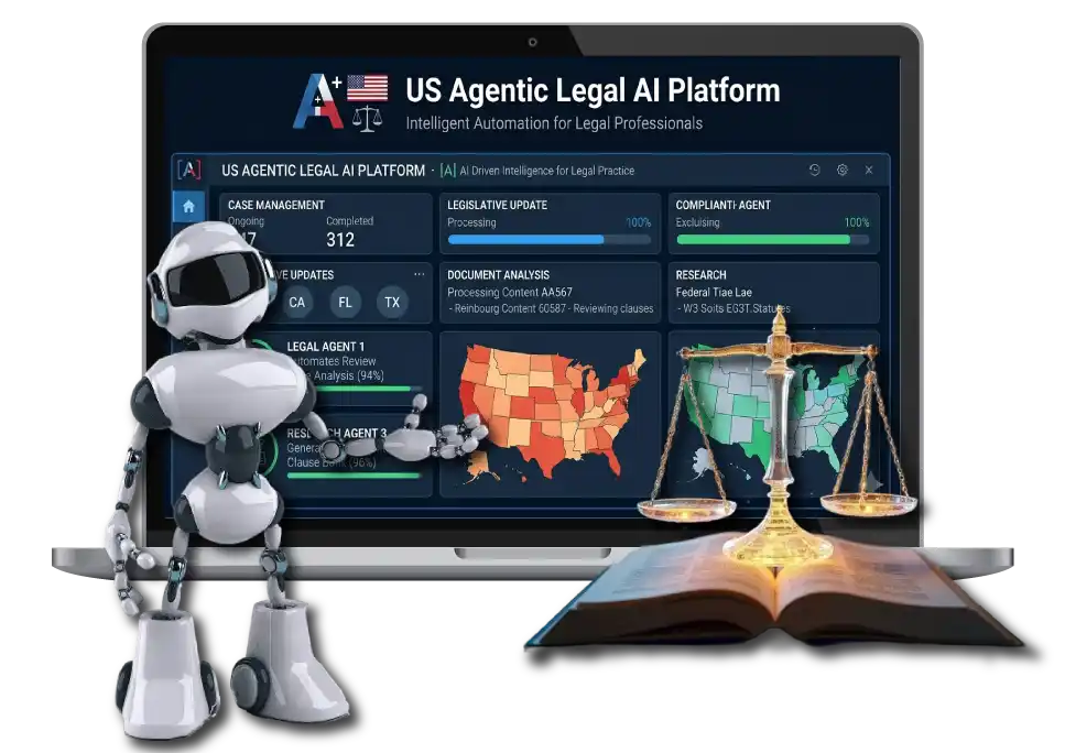 A product software visualization for The Challenge US Agentic Legal AI Platform by Digital Dividend. The image features an open laptop displaying a data-driven legal dashboard titled "US Agentic Legal AI Platform - Intelligent Automation for Legal Professionals," complete with metrics for case management, state updates, and legal analytics maps. In the foreground, a futuristic white and gray robot stands on the left pointing at the screen, while an illuminated gold scale of justice rests on an open law book on the right.