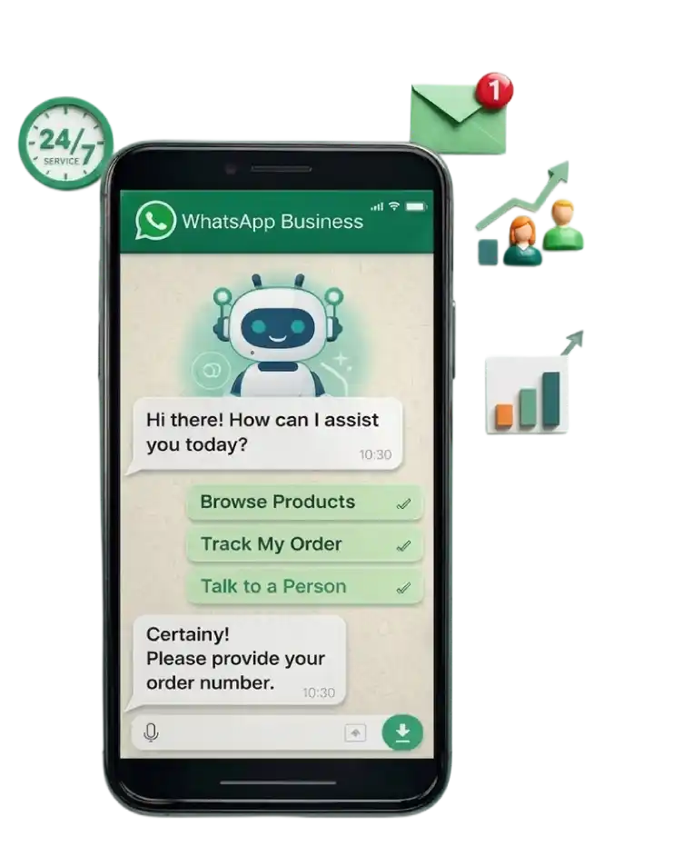 A conceptual interface graphic demonstrating The Challenge - WhatsApp-Powered B2B Procurement Automation by Digital Dividend. The image centers on a smartphone screen showing a "WhatsApp Business" chat interface with an automated customer support chatbot. The chat menu displays selectable buttons for "Browse Products," "Track My Order," and "Talk to a Person," surrounded by floating utility icons including a "24/7 Service" clock, a notification envelope, user avatars, and upward-trending bar charts against a white background.