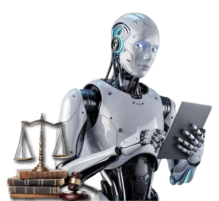 A conceptual presentation of the US Agentic Legal AI Platform - Key Metrics & Recognition by Digital Dividend. The image depicts a highly detailed, futuristic white and silver humanoid robot with glowing blue eyes interacting with a digital tablet. In the lower left foreground, classic symbols of the legal profession are grouped together, including a golden scale of justice resting on a stack of antique leather-bound law books next to a wooden judge's gavel against a plain white background.