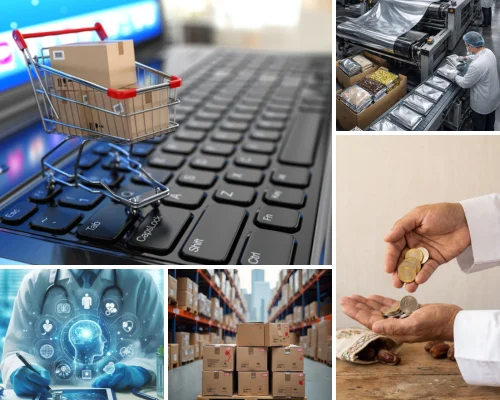 A multi-panel collage graphic detailing What industries benefit from ERPNext implementation by Digital Dividend. The left side features a prominent close-up of a miniature metal shopping cart loaded with brown cardboard boxes resting on a black computer keyboard, situated above a healthcare scene of a medical professional working with a glowing AI neurology dashboard. The right side includes panels showcasing factory manufacturing workers packaging food goods on a conveyor line, stacked shipping boxes inside a large logistics warehouse aisle, and a close-up of hands counting coins over a wooden table with dates.
