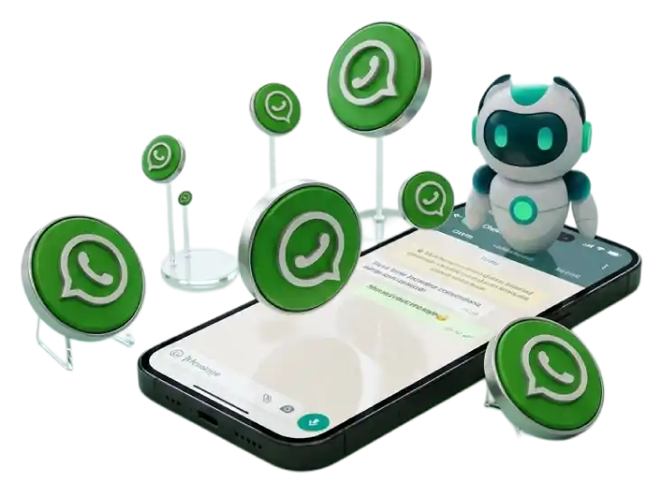 A conceptual graphic representing WhatsApp-Powered B2B Procurement Automation - Measurable Outcomes by Digital Dividend. The image showcases a modern smartphone lying flat, displaying an active chat interface. A small, futuristic white and green AI chatbot assistant stands on the top right of the phone screen, surrounded by multiple 3D circular green WhatsApp logos floating and standing on pins around the device against a solid white background.