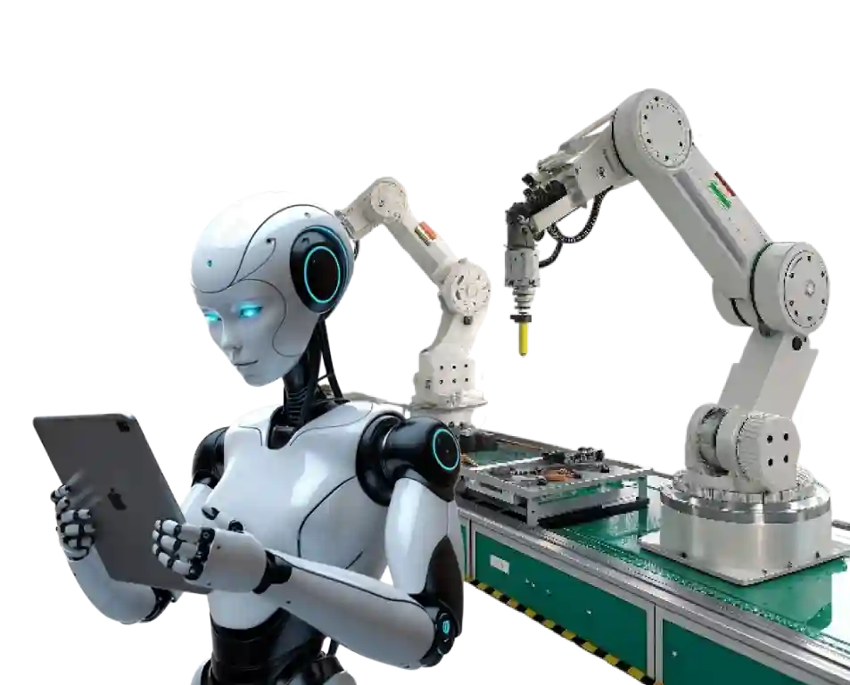 Digital Dividend web graphic illustrating AI visual inspection with a humanoid robot holding a tablet next to robotic arms on an automated manufacturing assembly line.