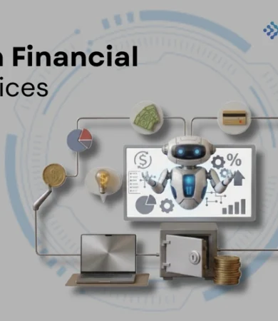 A 3D illustration of an AI robot connected to financial elements like gold coins, credit cards, safes, and growth charts, presenting AI in Financial Services by Digital Dividend.
