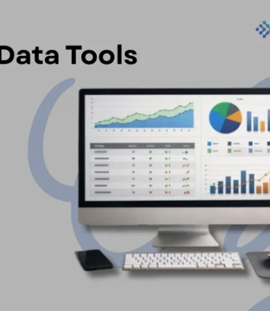 Digital Dividend web banner titled "Big Data Tools" featuring a desktop monitor displaying analytics dashboards, charts, and data tables on an office desk set against abstract line graphics.